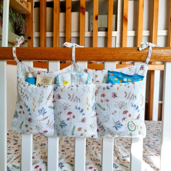 Cotbed crib organiser, Nursery nappy storage pocket, Bedside nappy caddy