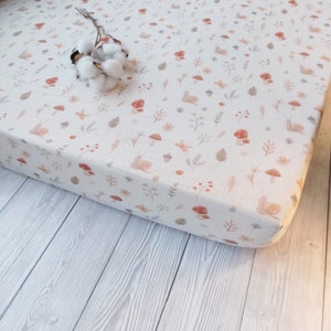 Woodland fitted cotbed sheet, Woodland nursery bedding, Mushroom fitted cot sheet, Woodland cot bedding