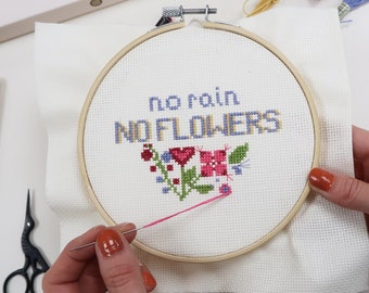 No Rain No Flowers Cross Stitch Kit, Needlepoint Kit, Beginners Crafting, Embroidery