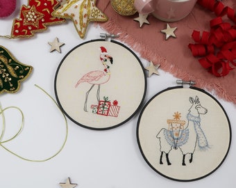 Festive Flamingo and Llama / Christmas Hoop Art / Embroidery Kits / DIY embroidery / Learn Embroidery / Stitching Gift / Modern Embroidery