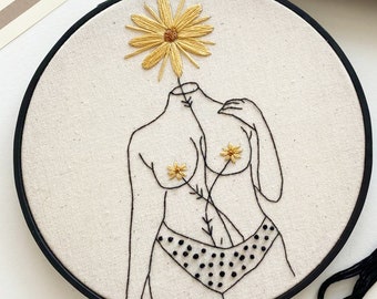 She is Beauty Embroidery Kit | Female Form Line Art Embroidery | Body Positive Floral Design | Modern Craft Kit UK