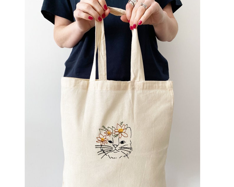 Cat Embroidery Kit / Sew Your Own Tote Bag / Learn to Etsy