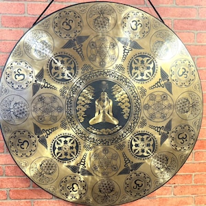 35cm to 100cm Meditating yogi with motifs of auspicious symbols engraved Large Tibetan Gong-Made in Nepal-Produces deep resonating vibration