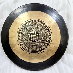 50cm to 100cm Flower of life embroidered with golden and black colored surrounded Premium Tibetan Gong bell- Deep Resonating sound quality-