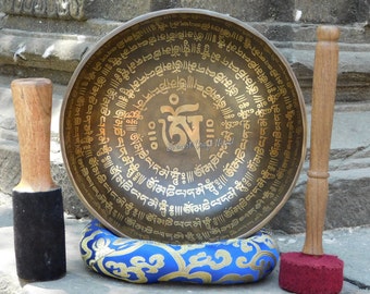 Unique 10 inches Large Mantra Etched Tibetan Singing Bowl - Sound therapy, meditation bowls - Handmade in Nepal comes with resting & mallet
