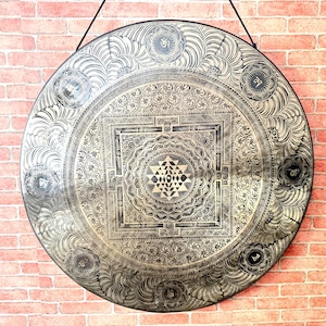 35cm to 100cm Large Handmade Tibetan Gong- Adorned with Shree yantra surrounded by beautiful embroidery-Produces deep resonating vibrations