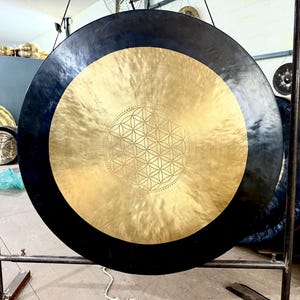 Extra-large Golden and Black attire Flower of life Tibetan gong bell- Available in 50 cm to 100 cm- Deep Resonating soothing sound quality-