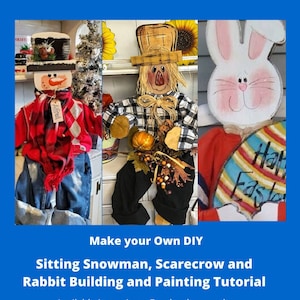 Pacote de padrões de personagens sentados em madeira - download digital de espantalho, boneco de neve e coelho com tutorial de corte de madeira e instruções de construção