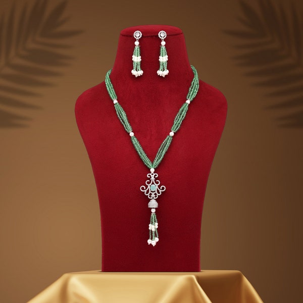 Monalisa Stone AD Long Necklace Set Brass Jewelry Cubic Zirconia Light Green Stylish Pendant set With Earrings Jewelry for Women Girls