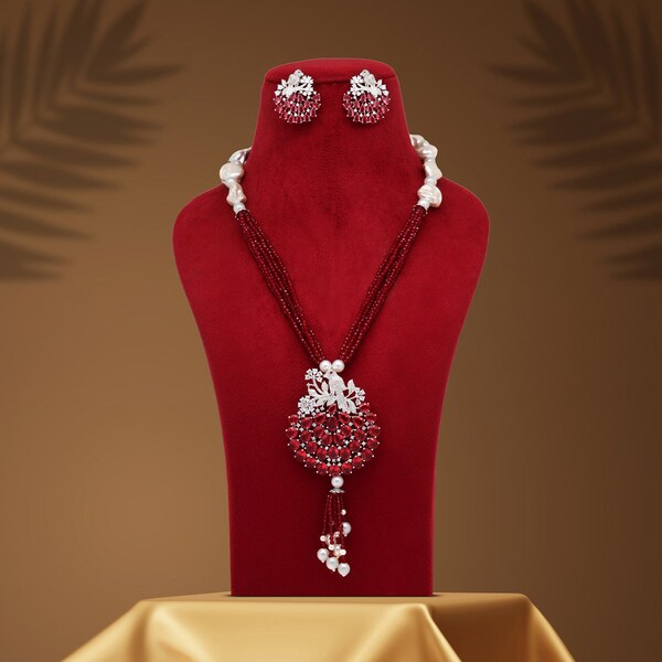 Marron Victorian Premium Long Necklace Set Brass Jewelry Cubic Zirconia Light Marron Stylish Pendant set With Earrings Jewelry for Women's
