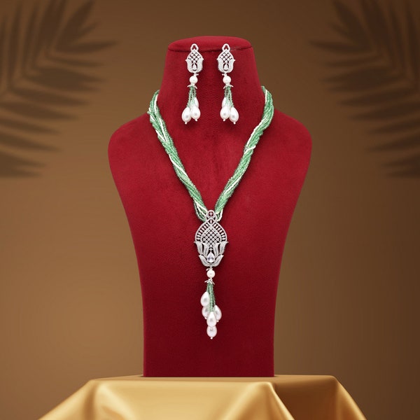 Light Green Cubic Zirconia Jewelry Set Long Pendant Necklace With Earrings Indian Jewelry American Diamond Necklace with imitation Pearl