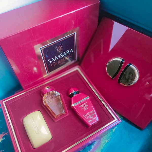 SHIPPING WORLDWIDE Very beautiful collector's box Samsara, by Guerlain, miniature collector's perfume, milk and soap, in blister, Limited edition