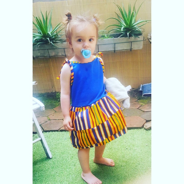 Robe bébé wax jaune et maille poly coton bleue, robe petite fille, robe ethnique, Ankara, robe enfant Wax, robe africaine bebe