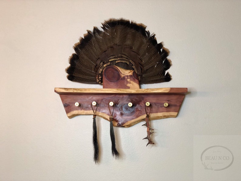 Live Edge Rough Cut Red Cedar Turkey Fan Beard Spurs Mount Shelf Wall