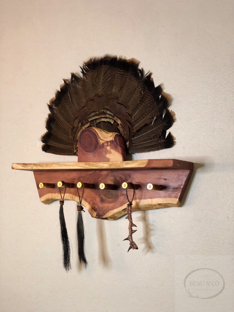 Live Edge Rough Cut Red Cedar Turkey Fan Beard Spurs Mount Shelf Wall