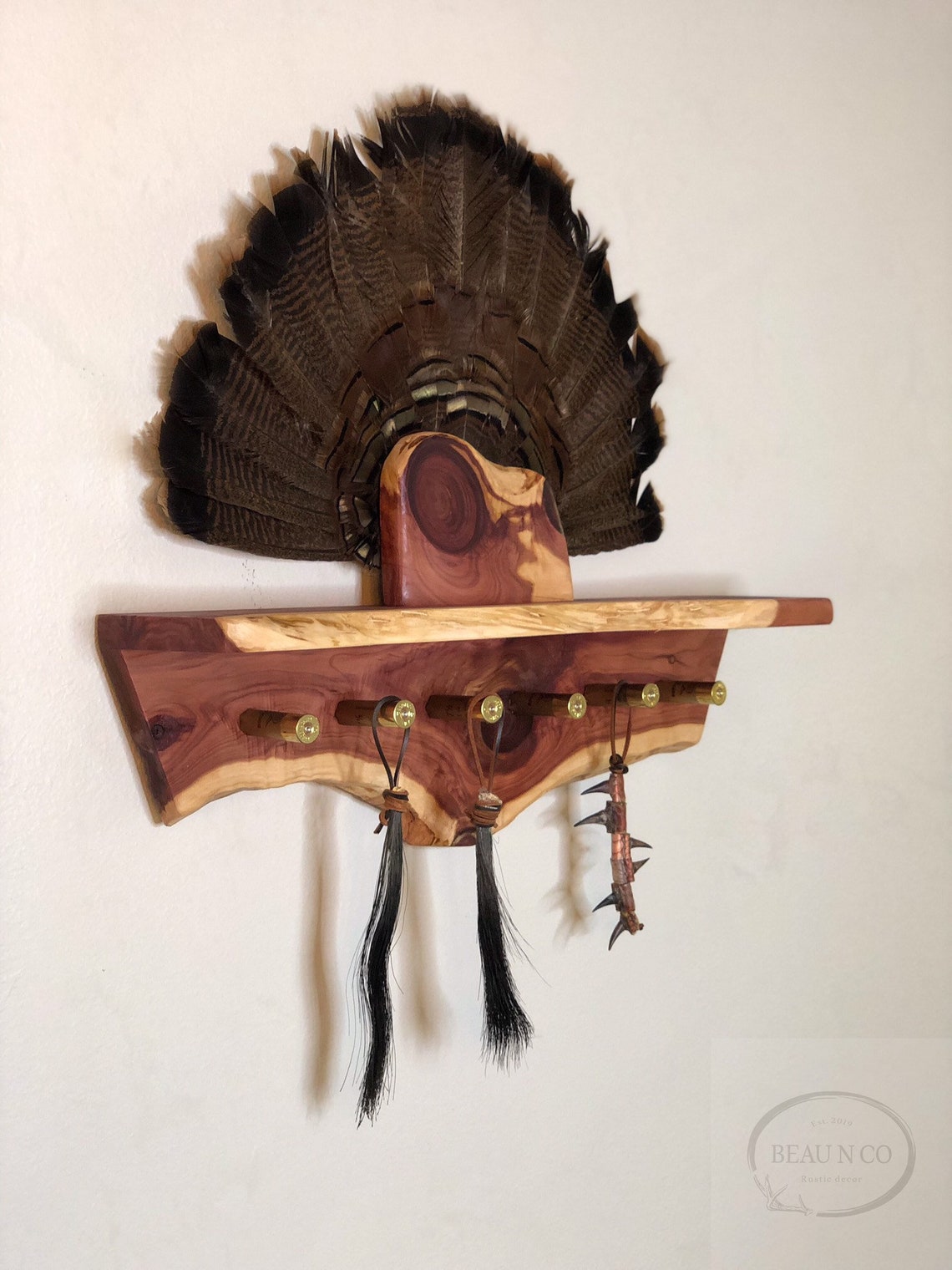 Live Edge Rough Cut Red Cedar Turkey Fan Beard Spurs Mount Shelf Wall