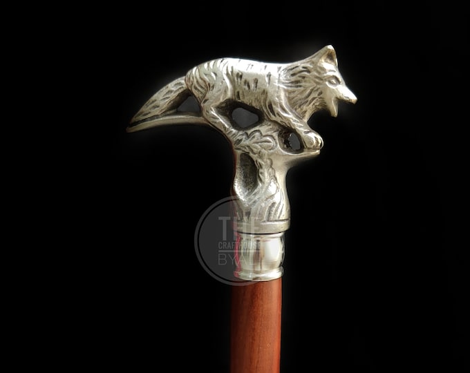 personalized walking stick Walking Cane wood cane wood stick Brass fox figurine handle cane wooden walking Stick Shaft Solid brass handle