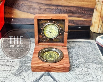 Reloj de escritorio Brújula reloj de madera con brújula caja de madera grabada personalizar regalo Día del Padre Día de la Madre Regalo de vadeo Regalo de padrinos