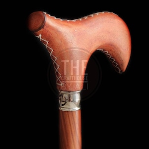 Vintage Antique Leather Cane , Personalized Wooden Walking Stick , Wooden Head Handle , Full Handmade , Wooden Walking Stick