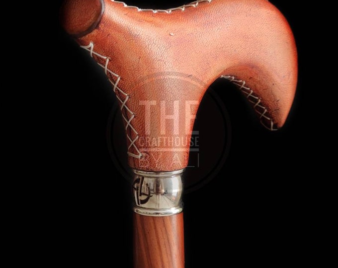 Vintage Antique Leather Cane , Personalized Wooden Walking Stick , Wooden Head Handle , Full Handmade , Wooden Walking Stick