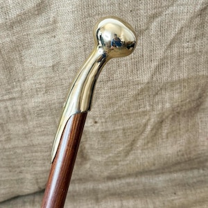 May include: A wooden walking cane with a polished brass handle and accents. The handle has a rounded top and a curved neck. The wood is a dark brown color, and the brass has a shiny, reflective surface.