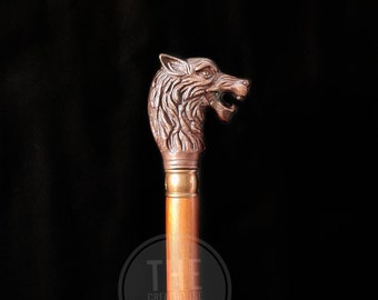 Viking wolf head walking stick wolves name Geri and Freki called god Odin wolfe brass walking stick Fenrir stick cane personalize gift