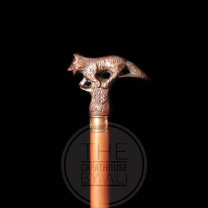personalized Viking wolf head walking stick antique finish cane stick wolf & fox neme Geri and Freki Odin victorian brass walking