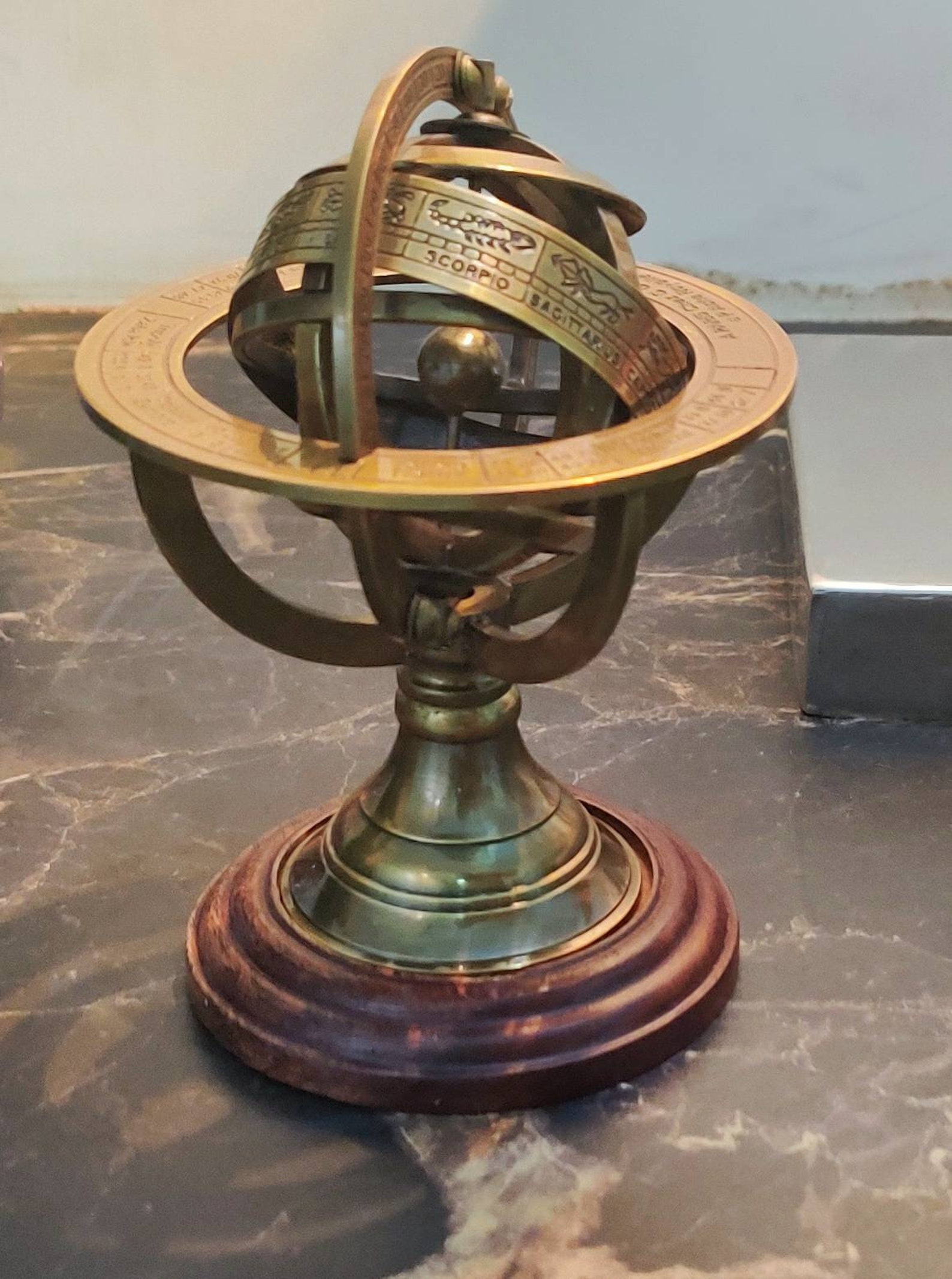 Brass Armillary Sphere Astrolabe on Marine Wooden Base 8 Inch Etsy