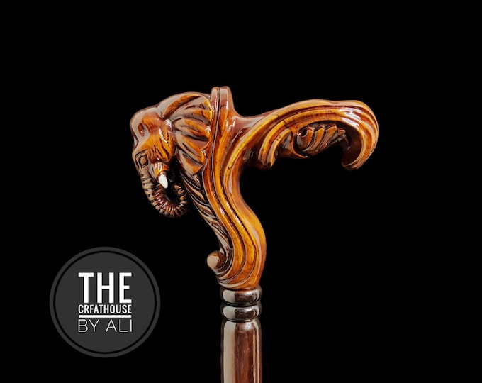 Walking stick cane elephant Cane Walking cane wood carving Unique design for the first time my shop gift for men and women. Right hand use