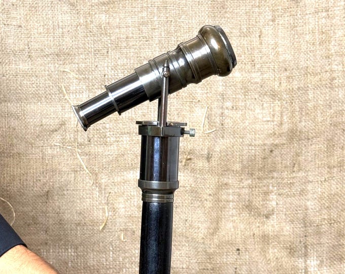 Handcrafted Brass Telescope Walking Stick – Victorian Style Wooden Cane with Silver Look Handle & Leather Case, Vintage Gift Cane