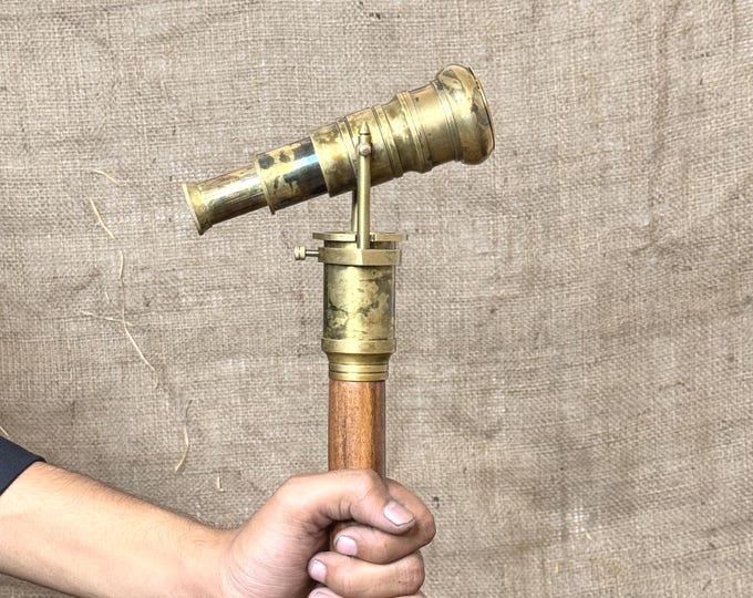 Victorian Brass Walking Cane – Sterling Silver Look Telescope Handle Stick with Leather Case, Vintage Style Wooden Walking Stick
