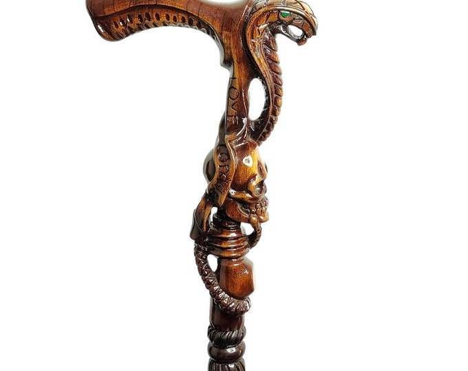 Victorian walking stick cane Hand Carved Cobra Snake and Skull Dark Wooden Walking Stick Cane Artistic Engraved Handle for Men and woman's
