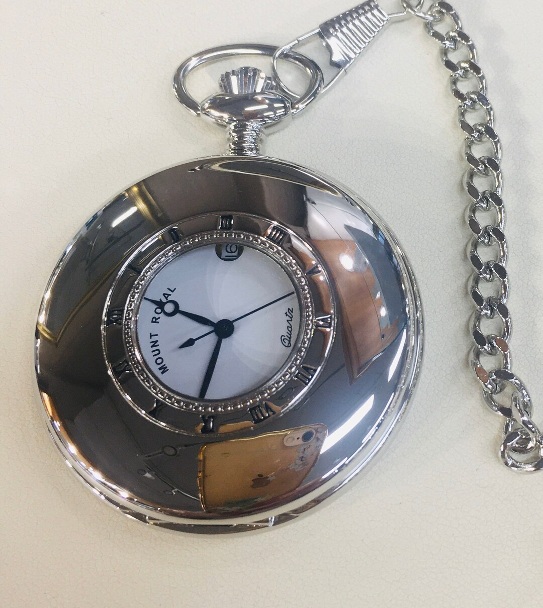 MOUNT ROYAL Half Hunter Quartz Chrome Plated Pocket Watch