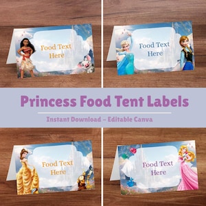 Etiqueta de comida para festa de princesa e amigos, barracas de comida para festa de princesa, cartão de lugar para princesa, artigos para festa, 12 designs editáveis, download instantâneo