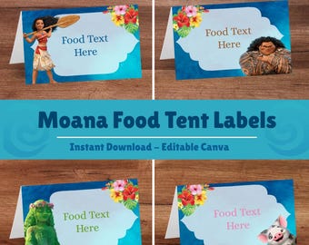 Moana Party-voedseletiket, Moana Party-voedseltenten, Moana-plaatskaarten, Moana-feestbenodigdheden, 12 bewerkbare ontwerpen, direct downloaden
