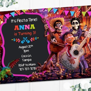 May include: A colorful invitation for a birthday party featuring characters from the animated film Coco. The invitation is decorated with festive flags and a chalkboard with the text "It's Fiesta Time! ANNA is Turning 3! August 20th 3pm Coco Ln. Tampa RSVP to Mom: 707-707-7070".