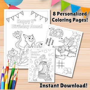 May include: A collection of personalized coloring pages with cartoon characters, including the text "Happy 5th Birthday Anna!" and "8 Personalized Coloring Pages!" The pages feature illustrations and activities, with the words "Instant Download!"