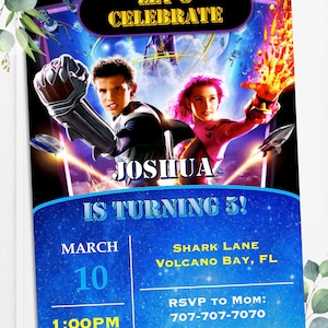 May include: A blue and purple birthday invitation with a picture of two kids from the movie 'Sky High'. The invitation says "Let's Celebrate Joshua is turning 5!" with the date and time of the party.