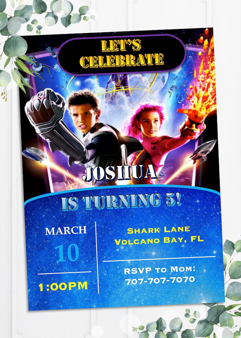 May include: A blue and purple birthday invitation with a picture of two kids from the movie 'Sky High'. The invitation says "Let's Celebrate Joshua is turning 5!" with the date and time of the party.