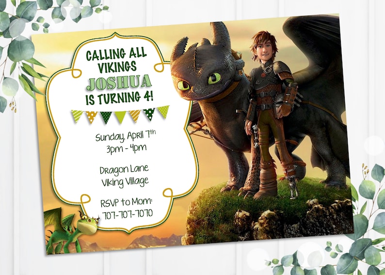 May include: A green and yellow birthday invitation with a cartoon dragon and a Viking character. The invitation says "Calling all Vikings Joshua is turning 4!" and includes details about the party, including the date, time, and location. RSVP to Mom: 101-101-1010.