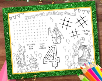 Zootopia 2 Editable Activity Placemat, Zootropolis 2 Activity Page, Kids Birthday Activity Party Favor, Zootopia Personalized Coloring Page