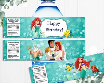 Etiqueta de botella de sirena, etiqueta de botella princesa Ariel, etiqueta de botella de agua