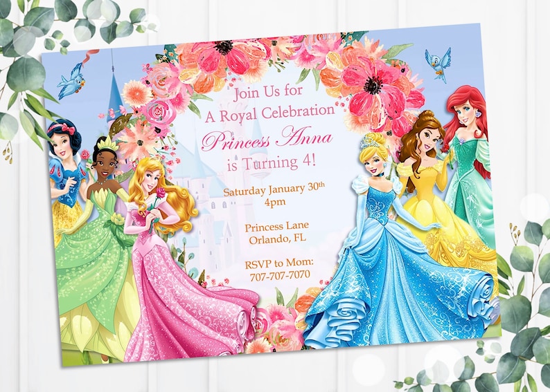 May include: A colorful invitation for a princess-themed birthday party. The invitation features a floral wreath with a castle in the background. The text reads "Join Us for A Royal Celebration Princess Anna is Turning 4!" with the date, time, and location of the party.