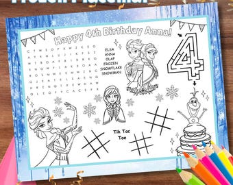 Frozen Editable Activity Placemat, Frozen Activity Page, Kids Birthday Activity Party Favor, Frozen Personalized Coloring Page, Placemat