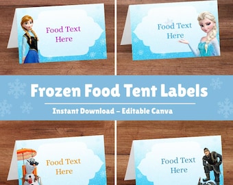 Frozen Party Food Label, Frozen Party Food Tents, Frozen Place Cards, Frozen Party Supplies, 12 Editable Designs, Instant Download