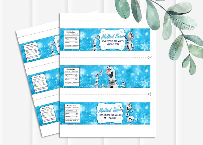 May include: Printable water bottle labels featuring Olaf from Disney's Frozen. The labels are blue with a snowflake pattern and feature Olaf with the text "Molted Snow, Some People Are Worth Melting For".