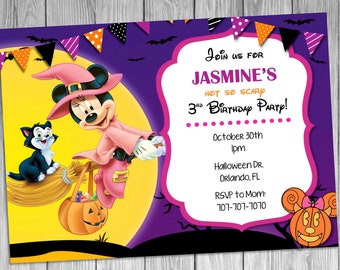May include: A purple and pink Halloween birthday invitation with a cartoon image of Minnie Mouse dressed as a witch riding a broomstick with a black cat. The text on the invitation reads "Join us for Jasmine's Not So Scary 3rd Birthday Party!" with the date, time, and location information.