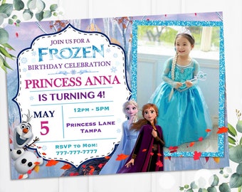 May include: A Frozen-themed birthday invitation featuring Princess Anna. The invitation includes the text "Join us for a Frozen Birthday Celebration" and "Princess Anna is turning 4!" A photo of a girl in a blue dress is also included.