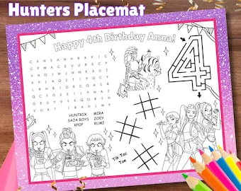 KPop Demon Hunter Editable Activity Placemat, Huntrix Activity Page, Kids Birthday Activity Party Favor, KPop Personalized Coloring Page