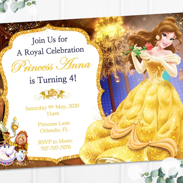 Belle Birthday Invitation, Princess Belle Invitation, Kids Invitation, Beauty and the Beast Invitation, Digital Invitation, Princess Belle